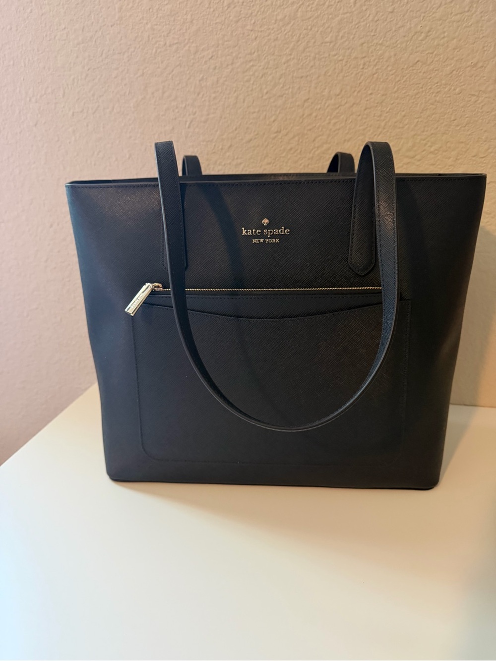 kate spade Black Saffiano Leather Tote with Front Zip Pocket